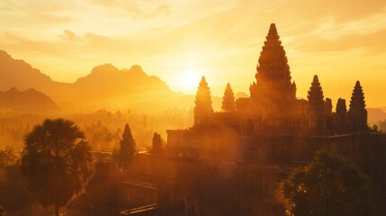 Fototapeta premium Ancient Temple Silhouette at Sunrise with Misty Mountains and Palm Trees