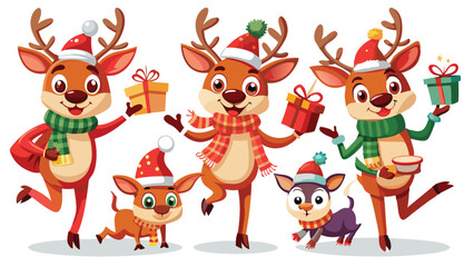 Fototapeta premium Christmas reindeer characters vector set design. Reindeer Christmas cute character in jumping, holding gift box, standing, coffee and wearing hat & scarf collection isolated in white background. Gener