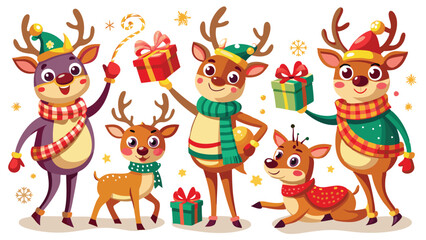 Naklejka premium Christmas reindeer characters vector set design. Reindeer Christmas cute character in jumping, holding gift box, standing, coffee and wearing hat & scarf collection isolated in white background. Gener