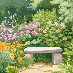 Fototapeta premium A serene garden scene featuring colorful flowers and a rustic stone bench, perfect for relaxation and inspiration in nature. watercolor Style