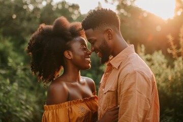 A young couple beams with joy in the woods, surrounded by trees and nature, capturing a moment of love and happiness. AI generated