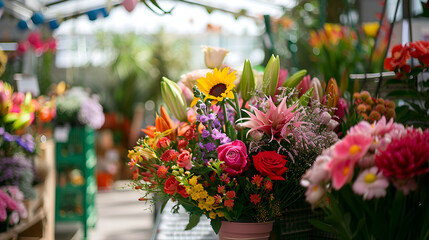 A bouquet in a greenhouse, floral design store, Multicolored flowers and blooming plants within a garden center.