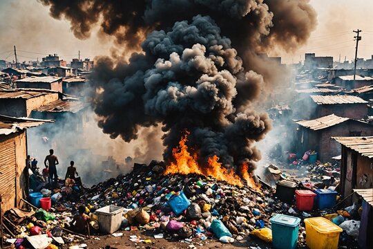 Heavy smoke from burning garbage drifting over a crowded slum