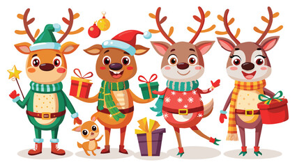Fototapeta premium Christmas reindeer characters vector set design. Reindeer Christmas cute character in jumping, holding gift box, standing, coffee and wearing hat & scarf collection isolated in white background. Gener