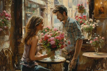 In a cozy cafe, a couple shares a moment while holding a vibrant bouquet of flowers, radiating happiness and love, A husband surprising his wife with a bouquet of flowers in a quaint cafe