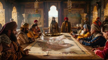 A group of men in traditional clothing gathered around a large table with a map spread out before them