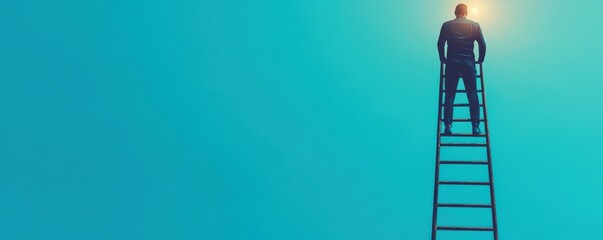 A lone figure standing on a ladder reaching for the light in a serene blue sky, symbolizing ambition and personal growth.