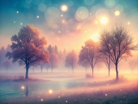 Dreamy, pastel-hued landscape with blurred trees, misty atmosphere, and subtle lens flares, evoking a nostalgic, ethereal, and melancholic mood.