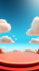 Red podium platform with golden trim in front of blue sky with fluffy white clouds.