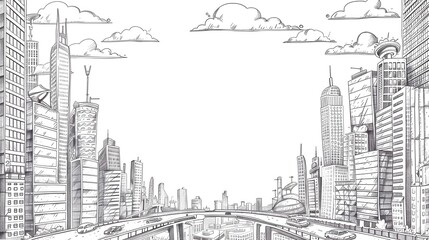 Whimsical Doodle Page Print Border Design with Monochromatic Architecture Frame