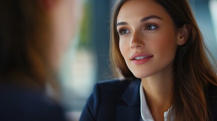 Obraz premium Confident Connection: Businesswoman engaged in conversation, radiating confidence and professionalism. 