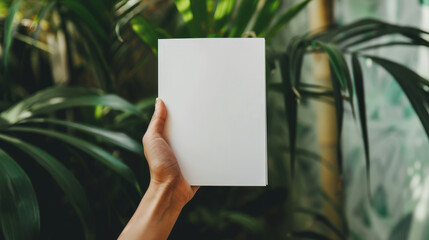 hand holding blank page, plank brochure flyer