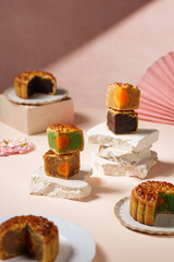 A mooncake  is a Chinese bakery product traditionally eaten during the Mid-Autumn Festival.