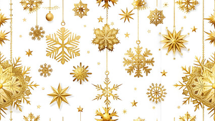 Gold snowflakes falling on a white background. Golden snowflakes border with different ornaments. Luxury Christmas garland background. 