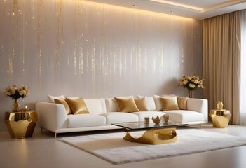 silver glitter effect wall in a modern living room White and gold theme interior modern minimalism photo realism neww Style 3d Paints Doodle Illustration