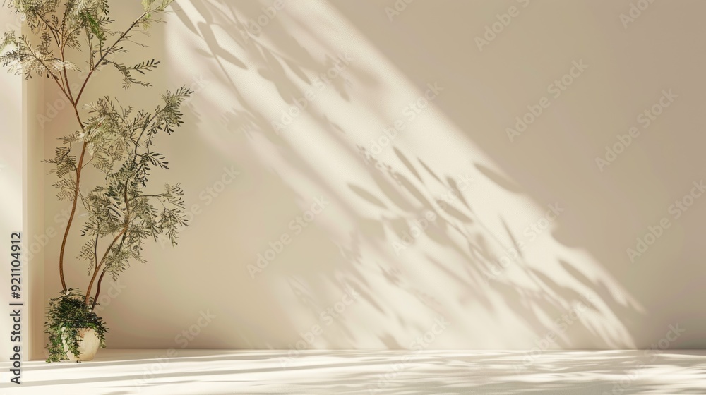 Poster Minimalistic abstract light beige background for product presentation with light and shadow from the window
