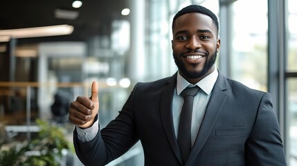 Fototapeta premium Confident Businessman Thumbs Up: A successful, African-American businessman exudes confidence, giving a thumbs up gesture in a modern office setting.