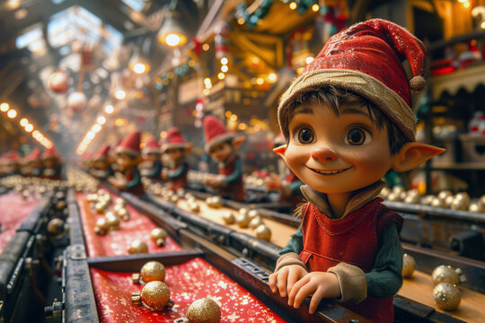 Lively elves joyfully craft toys and decorate ornaments on bustling conveyor belts in enchanting workshop or factory of Santa. Christmas and winter holiday concept