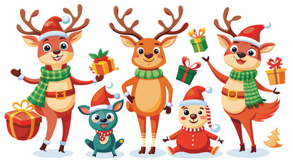 Christmas reindeer characters vector set design. Reindeer Christmas cute character in jumping, holding gift box, standing, coffee and wearing hat & scarf collection isolated in white background. Gener