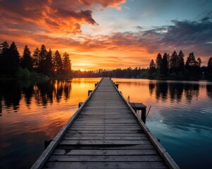 Obraz premium A serene wooden pier extending into a tranquil lake at sunset, reflecting vibrant colors.