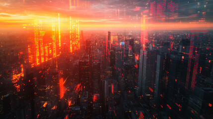 Obraz premium Smart digital city with connection network that is at the cutting edge of innovation in technology and business with bright, modern skyscrapers. Backgrounds for technology and charts and graphs