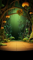 Obraz premium Wooden platform in the middle of a lush jungle, with large orange flowers hanging from the trees.