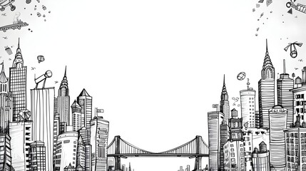 Minimalist Doodle Page Print Border Design with Balanced Skyscrapers and Transportation Icons