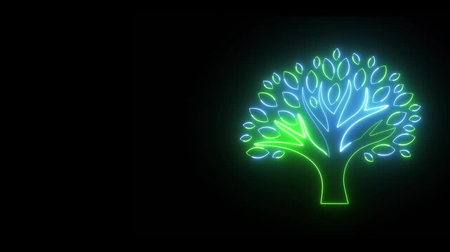 Glowing neon line  tree icon Animation on black background. 4K Video motion graphic animation