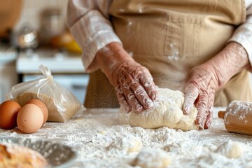 Fototapeta premium A close-up of an old woman's hands in an apron kneading dough on the table
