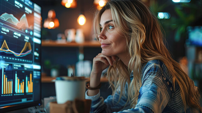A blonde Caucasian woman data analyst sits confidently at her desk - Powered by Adobe