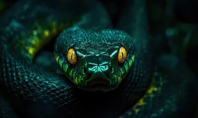 Fototapeta premium Close-Up of Green Snake with Intense Yellow Eyes in Dark Environment