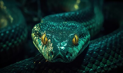 Fototapeta premium Close-up of Green Snake with Intense Yellow Eyes and Glowing Scales