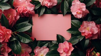 Pink sheet of paper centered on the screen surrounded by pink camelias