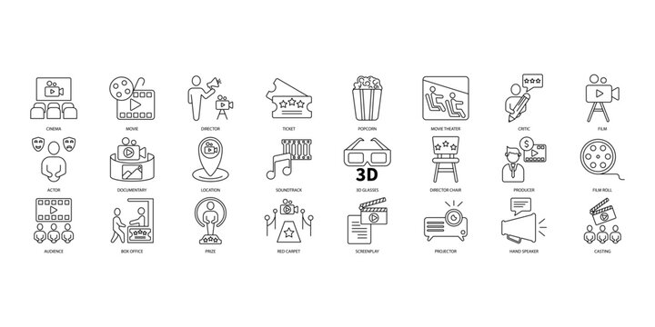 Cinema icons set. Set of editable stroke icons.Set of Cinema