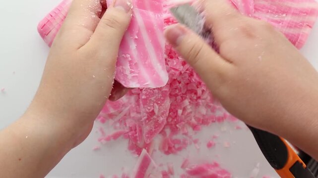  Pink soap is cut with a stationery knife. Asmr. Visual and sound effect for asmr video . Asmr. Part 4