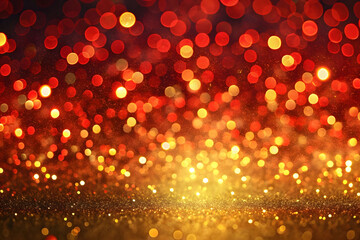 Golden and silver xmas lights on red background for merry christmas. season greetings message, bright decoration. Elegant holiday season social post digital card.