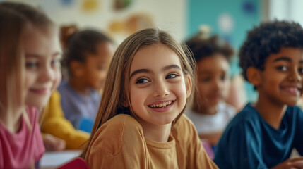 Obraz premium Smiling Teenage Girl in Classroom Wearing Headphones During Study Session