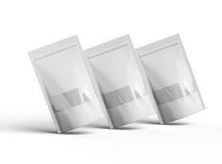 Render of a long glossy doypack with the window hole on a transparent background