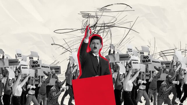 Stop motion, animation. Man, politician starting war against another country. People showing protest behind tribune. Concept of politics, social issues, human rights, propaganda, terror, history
