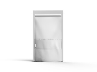 Render of a long glossy doypack with the window hole on a transparent background