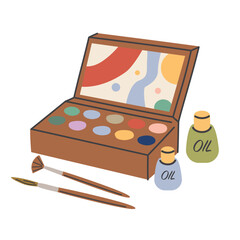 Vector illustration of a set of paints, brushes and a palette. Oil, gouache, watercolor paints. Flat graphic vector illustrations isolated on white background