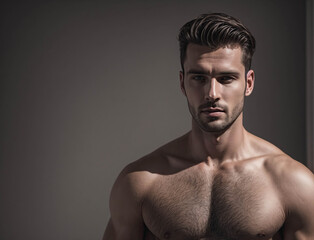 Fototapeta premium A man with a shaved head and a beard stands in front of a wall