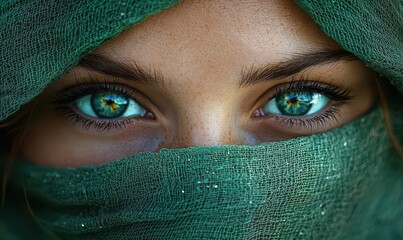 Mesmerizing Eyes and Green Fabric Veil Close-Up Shot