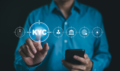 KYC verification concept. Person interacting with Know Your Customer (KYC) compliance and security...