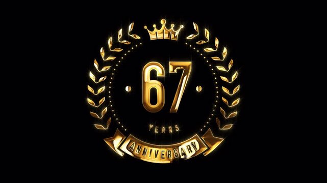 67th Anniversary Celebration. Happy 67 Years Anniversary Animation in Gold Color on the Transparent Background, Alpha Channel. Great for greetings, celebrations, events, and gifts.