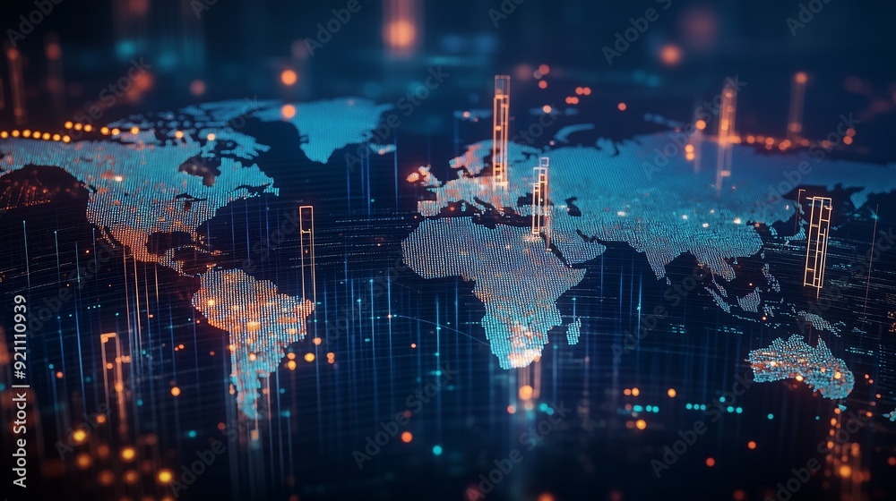 Poster digital map showcasing global connectivity with illuminated data points and network graphs at night