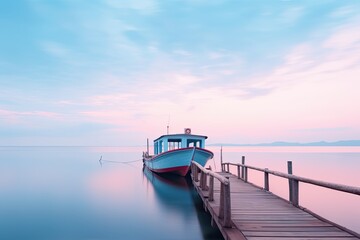 Fototapeta premium A serene boat docked at a wooden pier, reflecting a tranquil sky at dawn.
