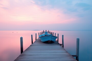 Obraz premium A serene dock at sunset with a boat, reflecting calm waters and pastel skies.
