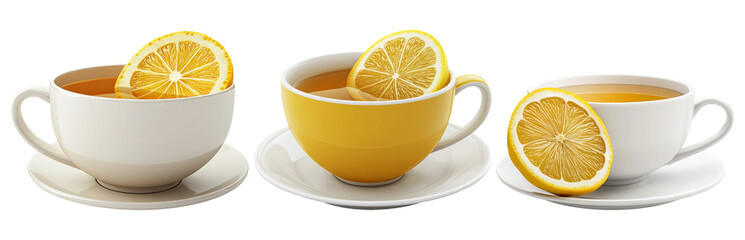 Tea cup with lemon slice set isolated on transparent background