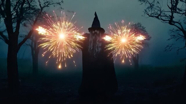 Mysterious wizard with long green hair and a beard is standing in a foggy forest, wearing a black cape and hat, creating a mystical and magical atmosphere